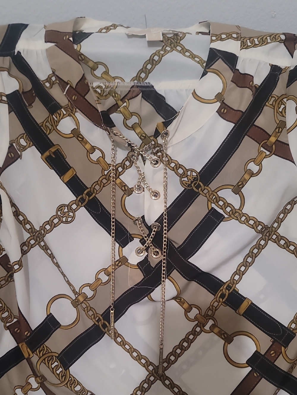Michael Kors White Chain-Print Lace-Up Blouse